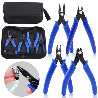 Rustark 4Pcs Jewelry Pliers Tool Assortment Kit, Jewelry Bead Crimping Pliers, Flush Cutter Jewelry, Split Ring Pliers and Wire Cutter Tool for Beading Necklaces Earrings Bracelets DIY Jewelry Making