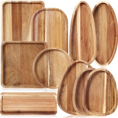 Willinglong 10 Pcs Acacia Wooden Plates Different Shapes Wooden Serving Platter Wooden Dishes for Snacks, Desserts, Fruit, Salads Decorative Wooden Charger Plates Trays Serving Board Housewarming Gift
