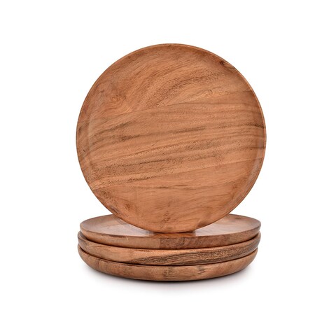 Samhita Acacia Wood Round Platters Set of 4 for Ottoman or Side Table, Charcuterie Board or Cheese Platter for Living Room (8&quot; x 8&quot; x 0.75&quot;)