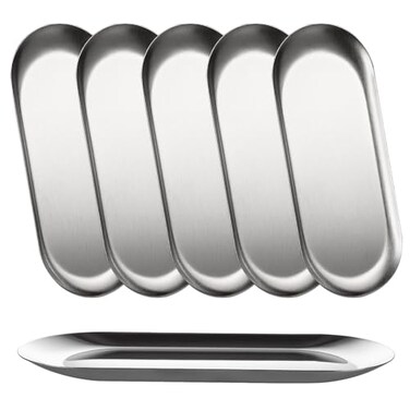 AKOLAFE 6PCS Stainless Steel Serving Tray Set Small Metal Trays Decorative Silver Platters for Serving Food Party 9" Long Plate Oval Storage Trays Thickened Serving Dishes for Entertaining Sushi Snack