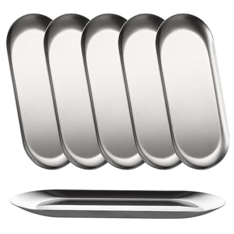 AKOLAFE 6PCS Stainless Steel Serving Tray Set Small Metal Trays Decorative Silver Platters for Serving Food Party 9&quot; Long Plate Oval Storage Trays Thickened Serving Dishes for Entertaining Sushi Snack
