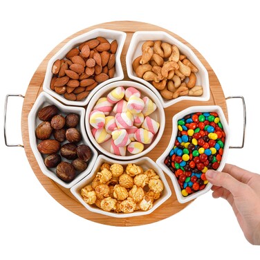 ZENFUN Serving Tray and Platter, 11'' Divided Serving Bowls with Bamboo Tray, 6-Compartment Appetizer Tray Removable Snack Bowls, Round Sectional Serving Platter for Chips and Dip, Fruits, Condiment