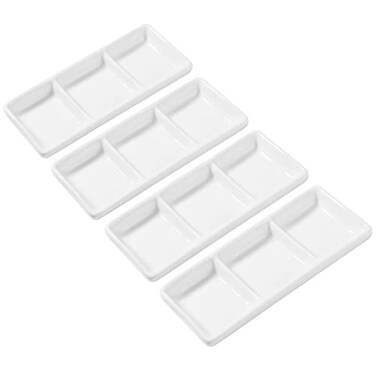 DOITOOL 4Pcs Ceramic Serving Platters, 3 Compartment Appetizer Serving Trays Snack Dishes, White Rectangular Divided Sauce Dishes for Home Restaurant Kitchen