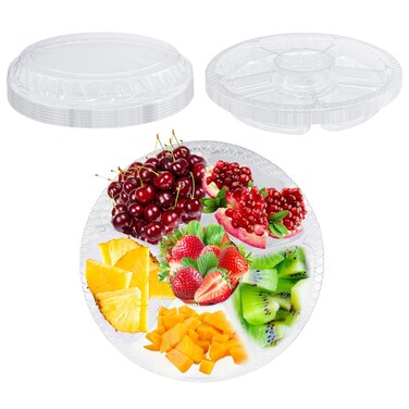 Hyuetrsa 12 Pcs 12.4x1.97 Inch Round Plastic Serving Tray Round Plastic Veggie Tray with Lid Disposable Food Storage Containers Round Platter Container Round 6 Sectional Food Trays&iuml;&frac14;&circ;Clear&iuml;&frac14;&permil;