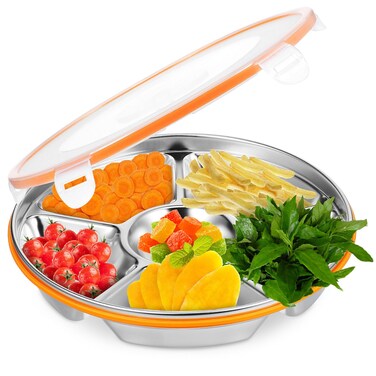 Luxshiny Divided Serving Tray with Lid, 6 Compartments Snack Tray Stainless Steel Vegetable Tray for Party Platter Snack Box Container Fruit Trays Veggie Tray