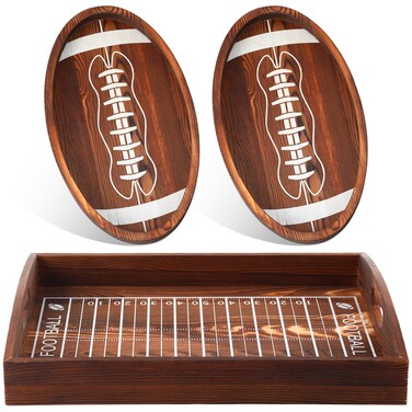 Ziliny 3 Pieces Wood Football Serving Trays Charcuterie Board Football Platter Football Serving Dishes Wooden Football Field Shaped Plates for Football Game, Birthday, Kitchen Parties Decorations