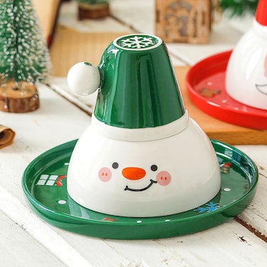 Christmas Gift Coffee Cup, Plate And Bowl Set, Santa Claus Snowman Pottery And Porcelain Kitchen Dinner Sets Round Ceramic Tableware For New Home Dishwasher Microwave Safe Glaze Dinnerware - Green