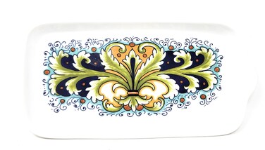 Nova Deruta Serving Appetizer Tray Plate, Handles, Green, Dark Blue, Fleur De Lis, Made in Italy, Italian Exclusively Handcrafted Earthenware for Sur La Table, Biscuit, Butter Platter 11" x 5.25