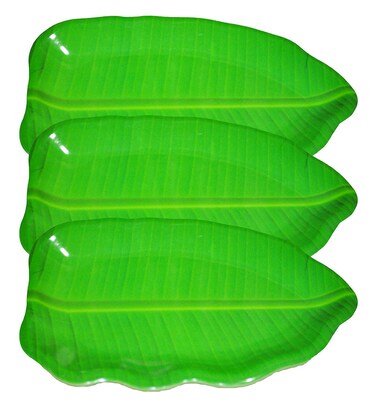 FLAIR 16 inch Banana Leaf Shape South Indian Dinner Lunch Serving Melamine Platter Plate for All Occasions - 3 Pcs