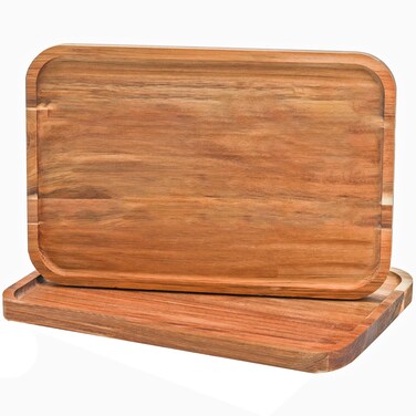 YOUEON Set of 2 Acacia Wood Serving Tray with Raised Edge, 14.2 x 9.5 Inch Rectangular Serving Tray, Appetizer Cheese Plate, Sandwich Dessert Trays, Wood Plates for Food, Coffee, Fruit, Cookie