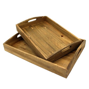 CVHOMEDECO. Primitives Wooden Nesting Tray Country Farmhouse Wood Serving Tray for Dining Tableware, Kitchen, Food, Breakfast, Coffee, Bar, Party or Display. Set of 2