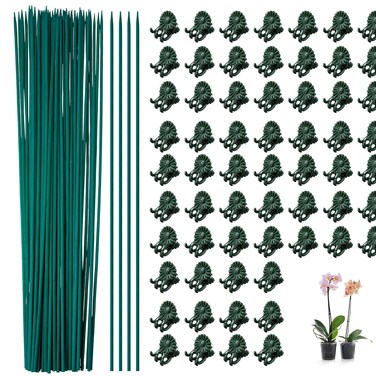 Jetec 120 Pieces Plant Support, Include 18 Inch Wood Plant Stake, Plant Clips, Garden Plants Bamboo Stake Craft Floral Picks Orchid Clips, Green