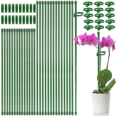 Coloch 48 Pack Plant Support Stakes, 11 Inch&amp;17 Inch Height Adjustable Garden Single Stem Plant Stake with 48 Pcs Plant Clips and 24 Pcs Connect Pipe Green Plant Stick Support