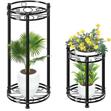 Simple Trending Round Plant Stand Indoor Outdoor, Waterproof Metal Tall 31&acirc;&euro; Plant Shelf Holder, Heavy Duty Flower Pot Display Rack, 2 Pack, Black