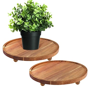 2 Pieces Wooden Plant Riser Stands Wood Pedestal Round Acacia Wood Stand Soap Stand Farmhouse Wooden Plant Tray for Indoor Outdoor Home, Garden Patio Decorative, 9.8 Inch Diameter