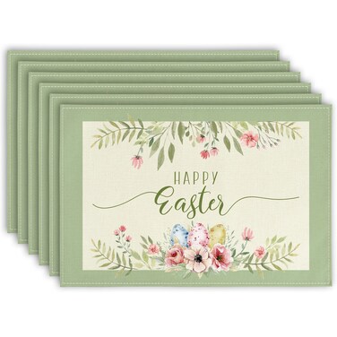AnyDesign 6Pcs Easter Burlap Placemats Happy Easter Table Mats Waterproof Easter Egg Flower Placemat 12 x 18 Inch Heat Resistant Table Mats for Easter Party Home Kitchen Decor Supplies