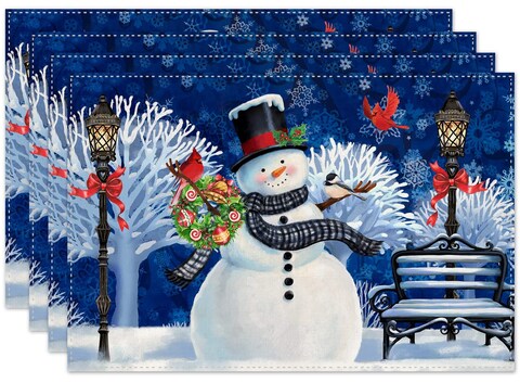 Merry Christmas Snowflake Snowman Placemats Set of 4 for Dining Table, 12x18 Inch Blue Xmas Winter Seasonal Holiday Decoration Rustic Washable Table Mats
