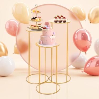 mopam Cylinder Stands for Party 3pcs Gold Metal Plant Stand Gold Flower Stand with Metal Panel Wedding Flower Stand for Centerpieces 33.5/28.8/23.6 In Tall, Diameter 11.8 in