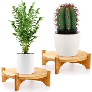 Pumtus 2 Pack Bamboo Plant Stand, Mid Century Modern Planter Stand, Detachable Flower Pot Holder, Sturdy Potted Plant Rack for Indoor Outdoor Garden Home, Fits Up to 8 Inch Planter (Pot Not Included)