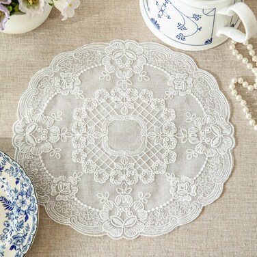 2Pack 11-inch Round Retro Lace Placemats, French Crochet Doilies, Handmade Embroidered Table Mats, Fiygor White Place Mats Cup Mat