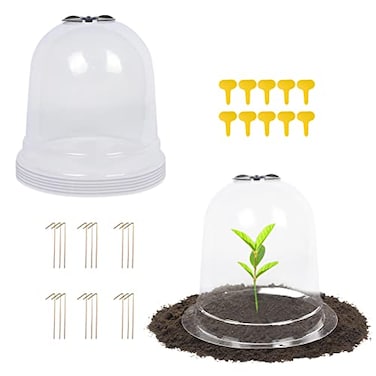 MorTime 6 Pack Garden Cloche Plant Dome, 7.3" D x 6.9" H Plastic Plant Bell Cover Reusable Mini Greenhouse with 18 Ground Securing Pegs &amp; 10 Plant Labels for Outdoors Frost Freeze Protection