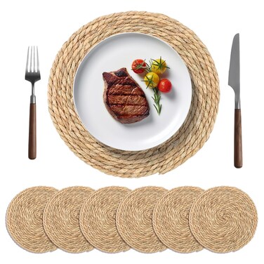 6Pcs Round Woven Placemats, 12 Inches Rattan Placemats, Non-Slip Wicker Placemats, Farmhouse Weave Place Mats, Natural Hand Woven Chargers for Dining Table, Home, Wedding