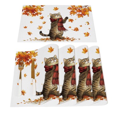 Fall Placemats Set of 4 Thanksgiving Cat Maple Leaves Plastic Waterproof PVC Table Mats Heat Autumn Place Mats Holiday Home Kitchen Dining Table Decor 12x18 Inch