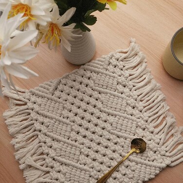 Utobanh Handmade Cotton Woven Crochet Placemat with Tassels, 10 x12 Inches Small Place Mat for Bohemian Wedding D&Atilde;&copy;cor, Boho Table Mat for Farmhouse, Rustic D&Atilde;&copy;cor for Dining Table, Beige