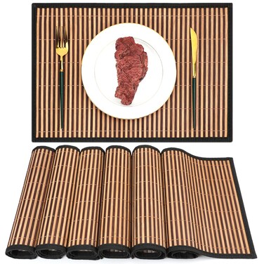 Pickmesh Placemats Set of 6, Bamboo Table Mats Set with Fabric Border,18'' x 12'' Bamboo Placemats, Japanese Style, Washable Heat Resistant Place Mats for Kitchen and Dining Room