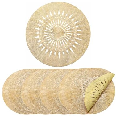 Cididu Set of 12 Gold Round Placemats, Hollow Out Pressed Vinyl Tablemats, Dinning Table Mats 15 Inches, Washable Non-Slip Place Mats for Table Setting Decor Wedding Festival Party Centerpiece