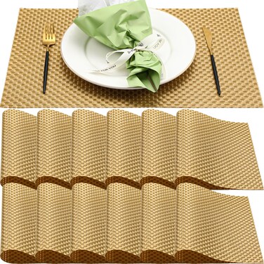 Gandeer Gold Placemats Set of 12 Table Mats Woven Place Mats Vinyl Plastic Placemats Washable Heat Resistant Non Slip Place Mats Indoor Outdoor Wipeable Dining Table Mats, 12 x 18 Inch