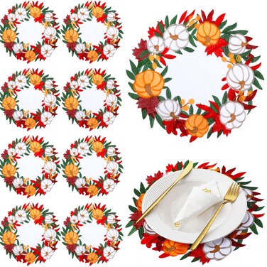 Tigeen Thanksgiving Placemats Set of 8, 15 Inch Round Fall Pumpkin Place Mats Embroidered Leaves Table Mats for Autumn Harvest Holiday Kitchen Table Decor