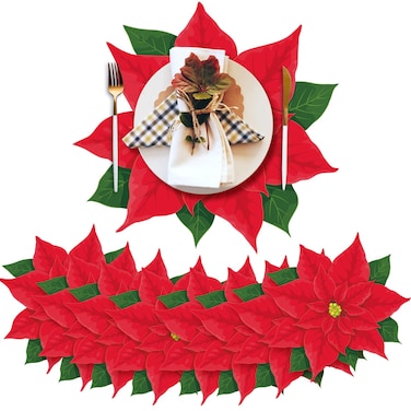 100 Pack Disposable Christmas Applique Poinsettia Red Placemats Floral Paper Place Mats 13 Inch Diameter Christmas Flower Placemat for Festival Table Xmas Holiday Party (Poinsettia)