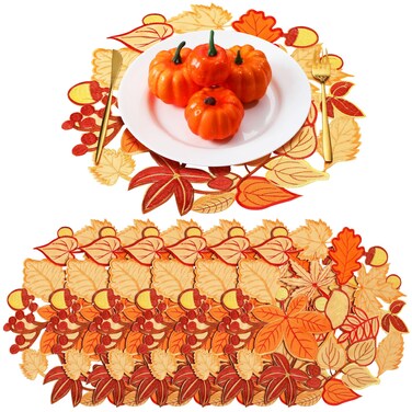 Suttmin 12 Pcs Fall Embroidered Placemats Maple Leaves Placemats Thanksgiving Table Placemats Leaf Washable Table Mats for Thanksgiving Fall Autumn Harvest Home Party Table Decorations