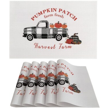 Fall Placemats Vinyl Woven Heat Insulation Anti-Skid Pumpkin Black and White Grid Truck Autumn Table Mats Thanksgiving Placemats,Set of 6