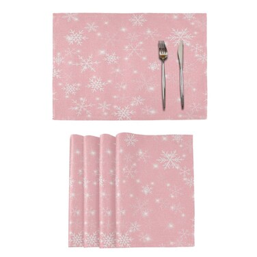 White Snowflakes Pink Placemats Set of 6 Merry Christmas Place Mats Washable for Kitchen Dining Table Heat Resistant Decorative Colth Table Mats 12x18 Inch
