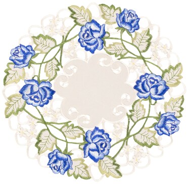 Embroidered Victorian Blue Rose with Green Cut Work on Ivory Doily, Placemat (15 Inch Round)