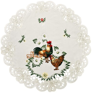 Embroidered Rooster and Country Chic Farmhouse Round Doily, Placemat (15 Inch Round)
