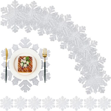 16 Pcs Christmas Snowflake Placemats and Coaster Set, Include 8 Pcs 15 Inch PVC Snowflake Table Placemats Round Snow Flake Table Mats, 8 Pcs Hollow PVC Coaster Cup Mats Festival Table Decorations