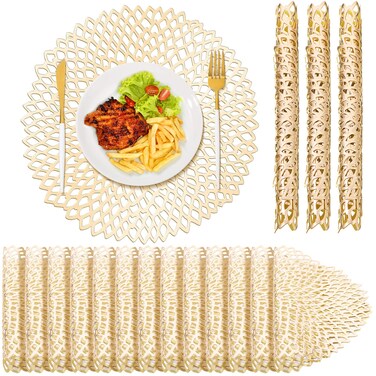 Set of 24 PVC Placemats Hollow Out Leaf Flower Table Mats Decorative Wedding Accent Centerpiece Placemat for Holiday Party Reception Home Kitchen Dining Table (Gold)