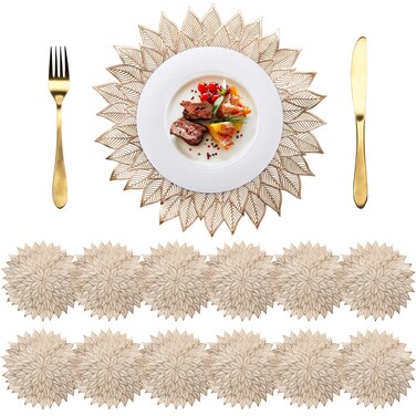 Peohud 12 Pack Pressed Vinyl Placemats, Non-Slip Washable Metallic Table Place Mats, Gold Christmas Wedding Accent Centerpiece Placemat for Dinner Table Decor, 15 Inch