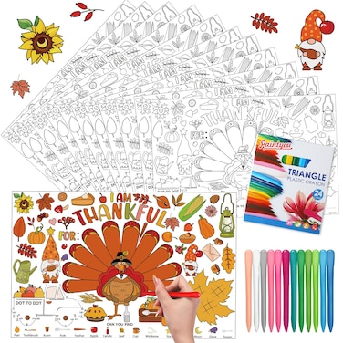 Tenceur 24 Sets Thanksgiving Coloring Placemats Set Turkey Paper Placemats with Crayon Fall Disposable Table Mat Thankful Autumn Coloring Activity for Kid Fall Classroom DIY Craft Supplies