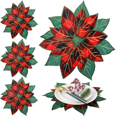 4 Pieces Christmas Placemats Poinsettia Shaped Table Top Decoration Holiday Table Mats Placemats Red with Green Embroidered Poinsettia Mats for Dining Table Holiday Xmas Party Decoration