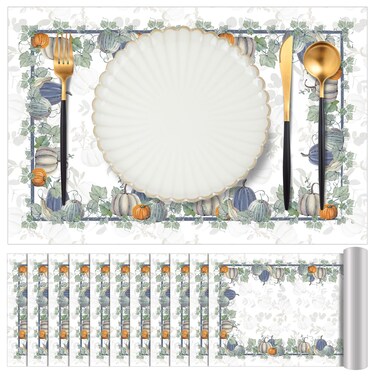 Uiifan 50 Pack Thanksgiving Paper Placemats Blue Pumpkin Disposable Table Placemats 11 x 17 Inch Autumn Leaves Pumpkin Placemats Farmhouse Paper Table Mats for Thanksgiving Kitchen Dining Table