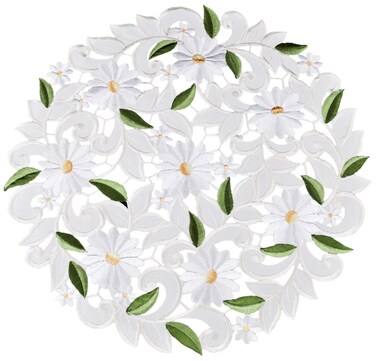 Embroidered Cut Work White Daisy on Ivory Doily, Placemat (15 inch Round)