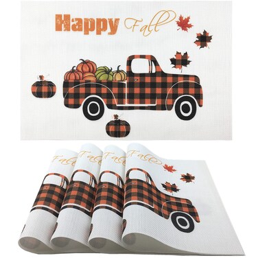 Fall Placemats,The Truck Pumpkins and Maple Leaves Pattern Autumn Colors Table Mats Set of 4