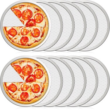Dandat Set of 12 Pizza Screen 8 Inch Aluminum Round Pizza Pans with Holes Bulk Seamless Pizza Trays for Oven Nonstick Pizza Baking Sheet Mesh Baking Screen for Pizza Party Kitchen Restaurant Cooking