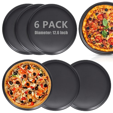 RHBLME 6 Pack Round Pizza Pan, 12.6 Inch Black Pizza Pan for Oven Non Stick Pizza Pan, Reusable Pizza Oven Tray Bakeware Pizza Tray for Restaurant Kitchen, Easy to Clean &amp; Dishwasher Safe