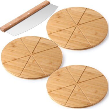 Yaomiao 4 Pizza Cutter and Round Serving Board Gift Set Includes 3 Pack 13.5 Inches Bamboo Pizza Board with 6 Slots and 1 Pizza Cutter for Slicing and Serving Pies Pizza Cake Cheese