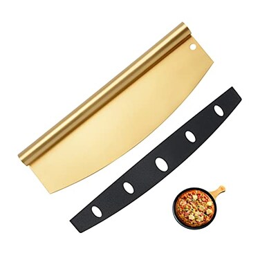 Snailhouse Pizza Cutter Rocker, 14 Inches Stainless Steel Large Rocking Pizza Rocker Slicer Knife with Plastic Blade Cover, Gold